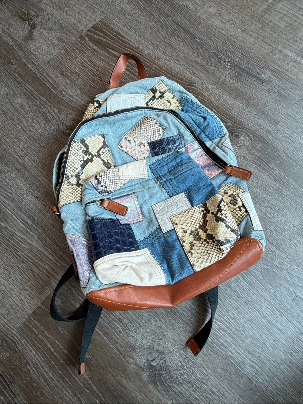 Marc Jacobs Patchwork Denim & Snake Print Backpack with Brown Leather Trim - Picture 8 of 10